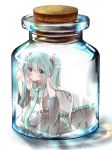  blue_hair blush cork detached_sleeves hatsune_miku highres hiro_(hirohiro31) in_container jar solo trapped vocaloid 