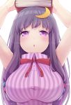  :o arms_up book book_on_head breasts bust crescent highres large_breasts long_hair object_on_head panda_tarou patchouli_knowledge purple_eyes purple_hair ribbon sleeveless solo touhou violet_eyes 