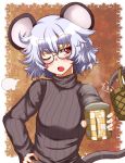  1girl animal_ears basket blush cup eyebrows glasses hand_on_hip highres jacket mouse_ears mouse_tail mug nazrin open_mouth red_eyes ribbed_sweater short_hair silver_hair solo sweater tail thick_eyebrows touhou tsundere turtleneck wink zan_(harukahime) 