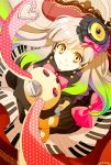  elbow_gloves from_above gloves gradient_hair hair_ornament instrument keyboard_(instrument) long_hair looking_up mayu_(vocaloid) multicolored_hair polka_dot sigina smile stuffed_animal stuffed_toy vintage_microphone vocaloid yellow_eyes 