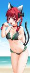  :d animal_ears bare_shoulders beach bikini bow braid byeontae_jagga cat_ears cat_tail collarbone extra_ears fang hair_bow kaenbyou_rin long_image looking_at_viewer multiple_tails navel open_mouth paw_pose pointy_ears red_eyes red_hair redhead smile solo swimsuit tail tall_image touhou twin_braids 