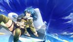  belt blue_eyes blue_hair bullet cloud clouds hair_ornament highres horizon kame^^ mouth_hold shinon_(sao) short_shorts shorts sky solo sword_art_online thigh-highs thighhighs water 