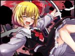  ^_^ blonde_hair closed_eyes dress eyes_closed fangs hair_ribbon necktie open_mouth outstretched_arms ribbon rumia short_hair sibelurabbi solo touhou 