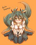  animal_ears blush breasts character_name cleavage kuromiya kuromiya_raika long_hair looking_at_viewer orange_background original simple_background sitting solo tail thigh-highs thighhighs v_arms very_long_hair wariza 