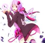  1girl animal_ears crystal fake_animal_ears hair_ornament headset highres hood_down hooded_jacket long_hair looking_at_viewer open_mouth purple_hair purple_legwear ribbed_sweater simple_background solo sweater thigh-highs twintails violet_eyes vocaloid voiceroid white_background yodare_(3yami8) yuzuki_yukari 