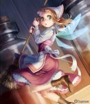  apron boots broom chestnut_mouth dress esukee fairy fairy_wings green_eyes head_scarf headscarf jar long_hair looking_at_viewer minigirl open_mouth pointy_ears shingeki_no_bahamut solo wings 
