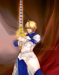  armor blonde_hair curtains excalibur_(fate/prototype) exec-rain fate/prototype fate_(series) gauntlets green_eyes highres saber_(fate/prototype) solo sword weapon 