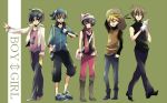  beanie blue_(pokemon) crystal_(pokemon) english full_body genderswap gloves green_background hat multiple_boys odamaki_sapphire platinum_berlitz pokemon pokemon_special riku-tarou yellow_(pokemon) 