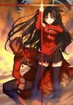  1boy 1girl absurdres archer black_legwear blue_eyes cross dark_skin fate/stay_night fate_(series) gears grey_eyes hair_ribbon highres jewelry long_hair parted_lips pendant pleated_skirt ribbon short_hair skirt thighhighs tohsaka_rin toosaka_rin two_side_up unlimited_blade_works white_hair zettai_ryouiki 