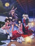 animal_ears barefoot black_hair braid bunny bunny_ears bunny_tail child dango food full_moon houraisan_kaguya inaba_tewi long_hair long_skirt mecco moon multiple_girls necktie night night_sky purple_hair rabbit rabbit_ears red_eyes reisen_udongein_inaba short_hair silver_hair single_braid skirt sky smile tail touhou very_long_hair wagashi yagokoro_eirin