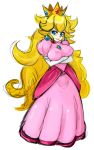  1girl arms_under_breasts blonde_hair blue_eyes breast_hold breasts crossed_arms crown dress earrings elbow_gloves female gem gloves gown heart impossible_clothes jewelry large_breasts lips long_hair nintendo pink_dress princess_peach puffy_sleeves simple_background sketch slugbox smile smirk solo super_mario_bros. transparent_background very_long_hair wavy_hair white_gloves 