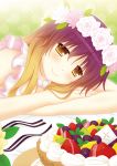  apron breasts cake cleavage cpu_(artist) cpu_(hexivision) flower food fruit gradient_hair grapes head_wreath hijiri_byakuren icing jewelry kiwifruit long_hair multicolored_hair pineapple ring smile solo strawberry touhou yellow_eyes 