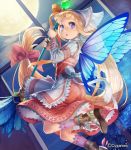  apron blue_eyes blush boots butterfly_wings dress esukee frills head_scarf headscarf long_hair looking_at_viewer moon night night_sky open_mouth ornate_clothing pointy_ears shingeki_no_bahamut sky solo wand window wings 