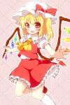  ascot blonde_hair blush bow fang flandre_scarlet hat hat_bow inanosuke kneehighs open_mouth outstretched_arms outstretched_hand pink_background red_eyes short_hair side_ponytail skirt skirt_set smile solo touhou white_legwear wings 