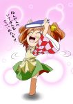  ^_^ apron arms_up bell book checkered_shirt closed_eyes combat_wakamoto_(kouryokutei) eyes_closed jingle_bell motoori_kosuzu open_mouth orange_hair skirt smile solo touhou translated twintails two_side_up 