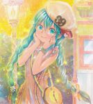  aqua_eyes aqua_hair artist_name bag bespectacled braid clock glasses hands_on_own_face hat hatsune_miku jewelry long_hair looking_at_viewer mayo_riyo ring smile solo twin_braids twintails very_long_hair vocaloid 