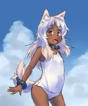  animal_ears collar dark_skin flat_chest kuromiya looking_at_viewer one-piece_swimsuit open_mouth original red_eyes sky smile solo swimsuit tail white_hair 