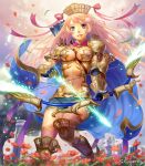  armor arrow blonde_hair blue_eyes boots bow_(weapon) breasts cape cleavage elf esukee gloves green_eyes heterochromia long_hair looking_at_viewer navel petals pointy_ears quill shingeki_no_bahamut shorts smile solo weapon wind 