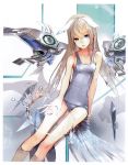  absurdres bare_legs bare_shoulders blue_eyes feet_in_water highres huge_filesize kaku-san-sei_million_arthur lips long_hair mechanical_wings nil pointy_ears scan school_swimsuit silver_hair sitting soaking_feet solo swimsuit water wings 