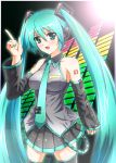  aqua_eyes aqua_hair detached_sleeves diesel-turbo hatsune_miku long_hair necktie open_mouth pointing skirt solo thigh-highs thighhighs twintails very_long_hair vocaloid 