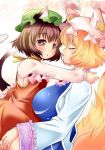  animal_ears breasts brown_eyes brown_hair cat_ears cat_tail chen closed_eyes eyes_closed face-to-face fox_tail hat hug large_breasts multiple_girls multiple_tails tabard tail takamoto_akisa touhou yakumo_ran yuri 