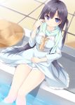  1girl black_hair blue_eyes dress feet_in_water hat long_hair looking_at_viewer original pool sena_chifuyu side_ponytail smile soaking_feet solo water 