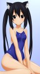  absurdres animal_ears bare_shoulders black_hair blush breasts brown_eyes cat_ears collarbone gradient gradient_background highres k-on! long_hair nakano_azusa one-piece_swimsuit school_swimsuit sitting smile solo sugimura_tomokazu swimsuit twintails 