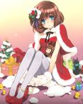  arsene_lupin_iii blue_eyes blush brown_hair capelet castle_of_cagliostro character_doll clarisse_de_cagliostro gift grey_legwear hair_ornament high_heels looking_at_viewer lupin_iii merry_christmas mittens pantyhose shoes short_hair sitting solo star toujou_sakana vertical-striped_legwear vertical_stripes 