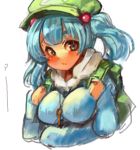  backpack bag blue_eyes blue_hair breasts bust hair_bobbles hair_ornament kawashiro_nitori key large_breasts lowres sachito solo touhou twintails 