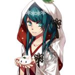  aqua_hair bunny collarbone hatsune_miku holding japanese_clothes kimono leaf rabbit smile uchikake vocaloid witchonly yuki_miku 
