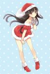  bare_legs bare_shoulders black_hair blush boots collarbone hat holding kurasawa_moko long_hair looking_at_viewer original polka_dot polka_dot_background purple_eyes red_eyes sack santa_costume santa_hat solo violet_eyes 