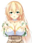  blush bracelet braid breasts cleavage green_eyes hair_down highres jewelry large_breasts leafa long_hair looking_at_viewer outstretched_arms puffy_sleeves roberi solo sword_art_online twin_braids 