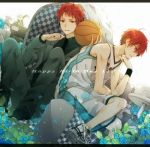  akashi_seijuurou basketball basketball_uniform birthday blue_rose checkered chin_rest chr_(chrs12) crossed_legs dated dual_persona flower formal gift happy_birthday heterochromia kuroko_no_basuke legs_crossed male multiple_boys necktie red_eyes red_hair redhead rose shoes short_hair sitting sneakers sportswear suit sweatband wristband yellow_eyes 