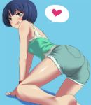  all_fours ano_natsu_de_matteru aqua_eyes arm_support ass bare_legs bare_shoulders blue_background blue_hair blush camisole casual digdug006 from_behind heart legs looking_at_viewer looking_back naughty_face open_mouth short_hair short_shorts shorts simple_background smirk solo spoken_heart tanigawa_kanna 