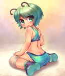  antennae ass back bare_back blush boots dimples_of_venus from_behind green_eyes green_hair highres knee_pads looking_at_viewer looking_back sankuma short_hair sitting solo tears touhou wariza wrestling_outfit wriggle_nightbug 