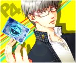  card glasses grey_eyes grey_hair houndstooth ichito_(llob) jojo_no_kimyou_na_bouken narukami_yuu persona persona_4 school_uniform short_hair solo 