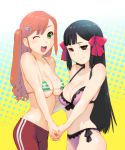  ;d bikini bikini_top black_hair bow breasts brown_hair cleavage fictional_persona green_eyes hair_bow hair_ornament hairclip hand_holding holding_hands long_hair multiple_girls open_mouth original purple_eyes smile swimsuit track_pants ueyama_michirou violet_eyes wink 