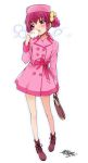  bag blush coat dated food haga_yui hat holding hoshizora_miyuki open_mouth pink_eyes pink_hair precure simple_background smile_precure! solo white_background 