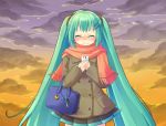 blush cellphone closed_eyes cloud clouds coat eyes_closed green_hair hair_ornament hairclip hands_on_own_chest hatsune_miku long_hair moriya_ako phone pleated_skirt scarf skirt solo sunset twintails very_long_hair vocaloid wavy_mouth 