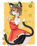  animal_ears bespectacled bike_shorts brown_hair cat_ears cat_tail chen glasses hat jewelry looking_at_viewer multiple_tails nabeshima_tetsuhiro paw_pose short_hair single_earring smile solo tail touhou wink yellow_eyes 