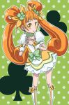  8041mm boots bow brown_eyes brown_hair choker clubs cure_rosetta dokidoki!_precure double_bun flower green_background hair_flower hair_ornament hands_together long_hair magical_girl polka_dot polka_dot_background precure puffy_sleeves ribbon skirt solo twintails weapon yotsuba_alice 