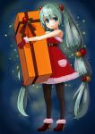  39 blue_eyes box gift gift_box gloves green_hair hatsune_miku highres long_hair oaw pantyhose santa_costume solo twintails vertical-striped_legwear vertical_stripes very_long_hair vocaloid 