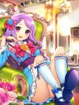  :d chair copyright_request dress flower furyou_michi_~_gang_lord hair_flower hair_ornament hat kneehighs long_hair looking_at_viewer mizuhara_akoya open_mouth purple_eyes purple_hair rose sitting smile solo sparkle violet_eyes watermark yeonwa 