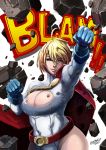  ahoge belt blonde_hair blue_eyes breasts cape cleavage cleavage_cutout dc_comics eroquis large_breasts lips power_girl punching short_hair solo wink 