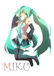  boots character_name detached_sleeves green_eyes green_hair hand_on_hip hatsune_miku long_hair necktie simple_background skirt smile solo thigh-highs thigh_boots thighhighs twintails very_long_hair vocaloid white_background 