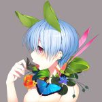  bare_shoulders blue_hair blush breasts bust butterfly flower grey_background holding leaf original pink_eyes short_hair simple_background skull.03 solo tongue 