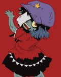  blue_hair dress from_behind grey_skin hat jiangshi looking_at_viewer looking_back miyako_yoshika ofuda onikobe_rin open_mouth outstretched_arms red red_background red_eyes rotting sharp_teeth simple_background skirt solo star touhou zombie_pose 
