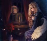  angel_wings blonde_hair bouquet candle curtains dark feathered_wings feathers flame flower full_moon furuhashi gem hair_ornament lips long_hair looking_at_viewer moon night original rose scenery sitting solo window wings 