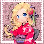  :d bianca blonde_hair blue_eyes blush braid dragon_quest dragon_quest_v flower hair_flower hair_ornament japanese_clothes kimono kotoji long_hair looking_at_viewer open_mouth outline single_braid smile solo 