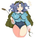 backpack bag black_hair blue_eyes blue_hair blush_stickers breasts cattail chiyoshi_(sevendw) hair_intakes hat kawashiro_nitori key no_pants one-piece_swimsuit plant school_swimsuit short_hair simple_background solo swimsuit swimsuit_under_clothes thick_thighs thighs touhou twintails uneven_eyes weed white_background wide_hips 